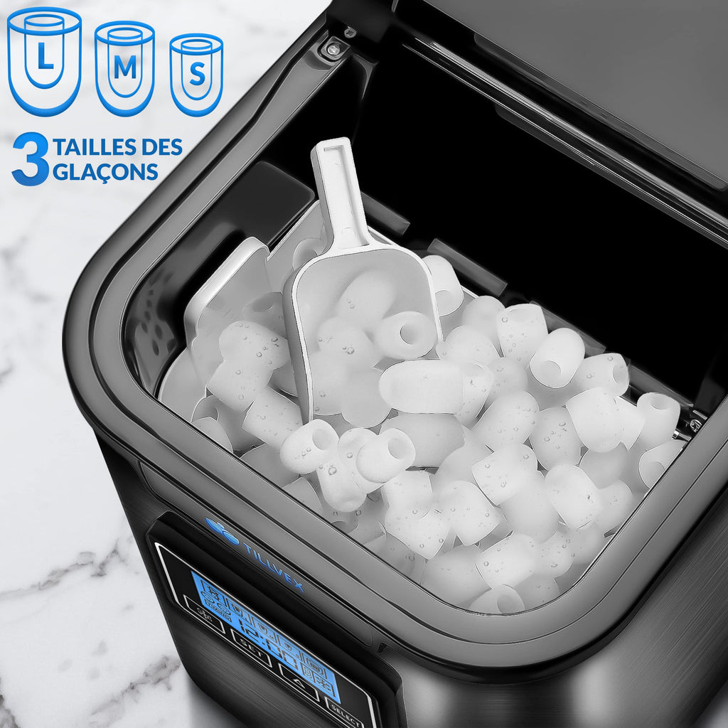 tillvex Machine à glaçons en inox 12 kg - 24 h | Préparation de glaçons avec minuterie et réservoir 2,2 litres | Ice Maker avec écran LED et nettoyage automatique | 3 tailles de glaçons (Argent)