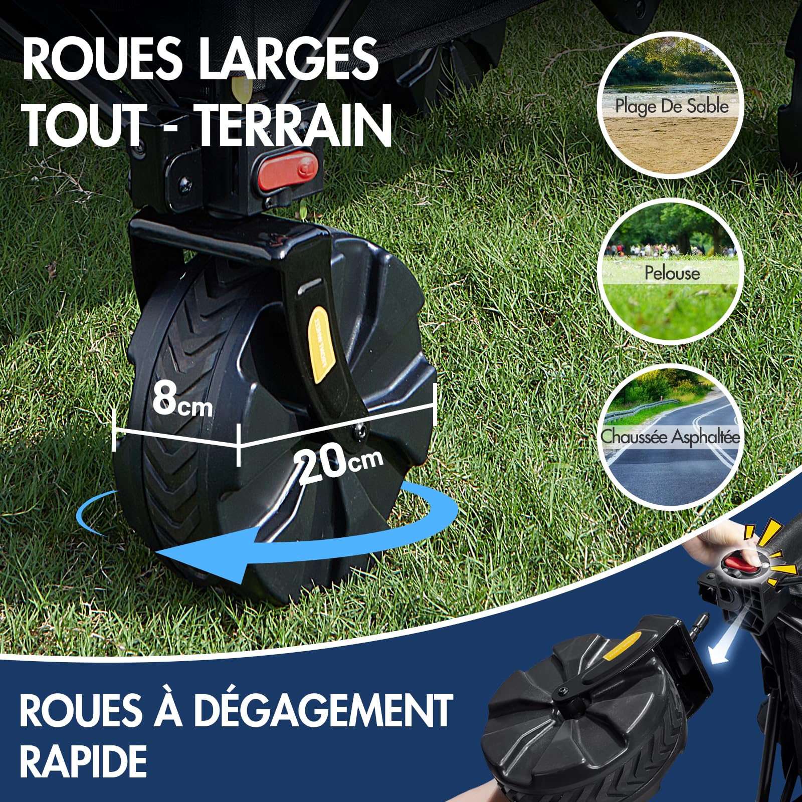 PORTAL Chariot de Plage Pliable – Chariot Tout Terrain Pliable avec Roues 20 cm, Poignée Réglable, 150 kg