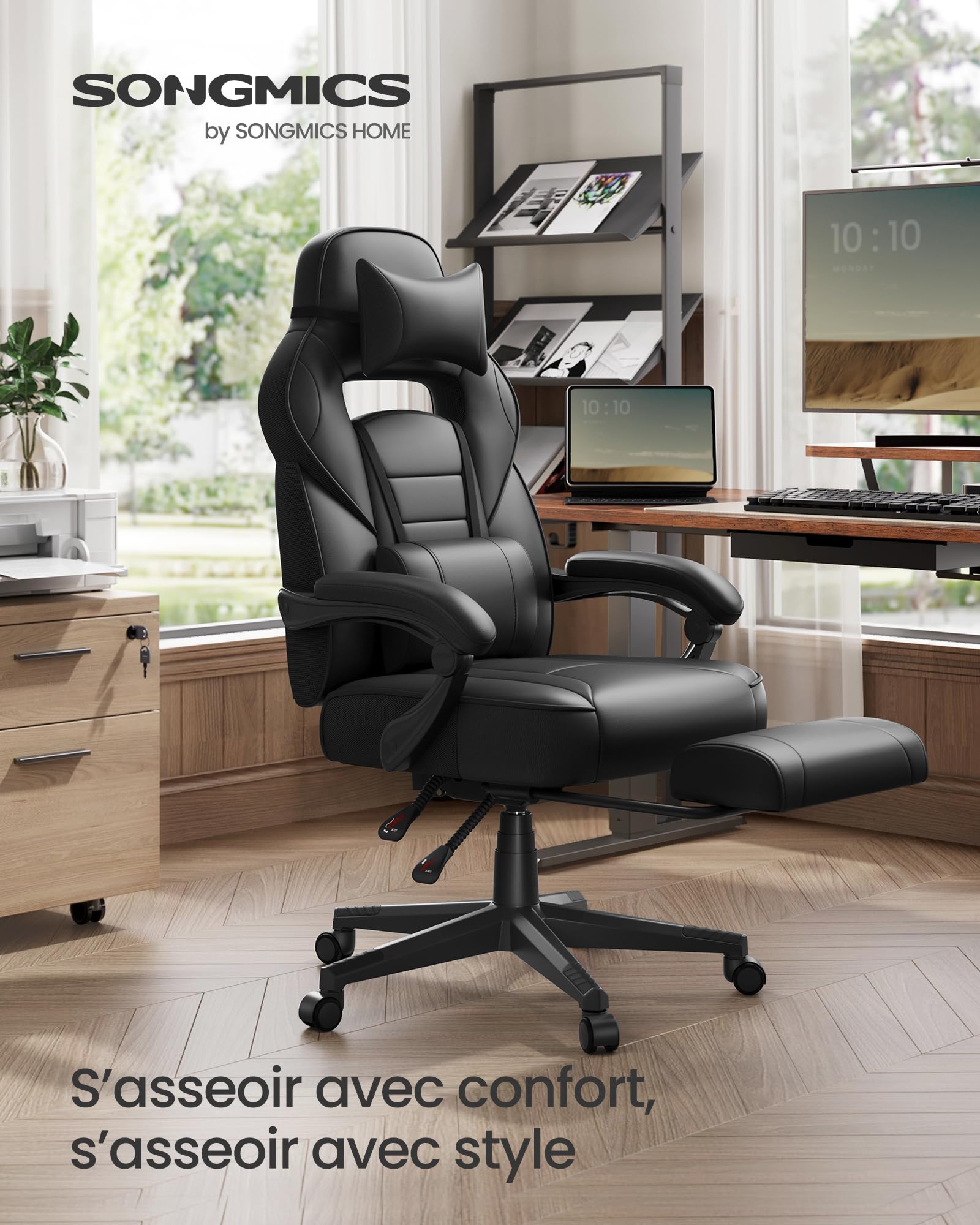 SONGMICS Fauteuil de Bureau Gaming OBG073B03 – Ergonomique, Repose-pieds, Appui-tête, 150 kg