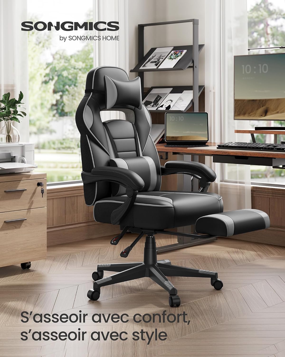 SONGMICS Fauteuil de Bureau Gaming OBG073B03 – Ergonomique, Repose-pieds, Appui-tête, 150 kg
