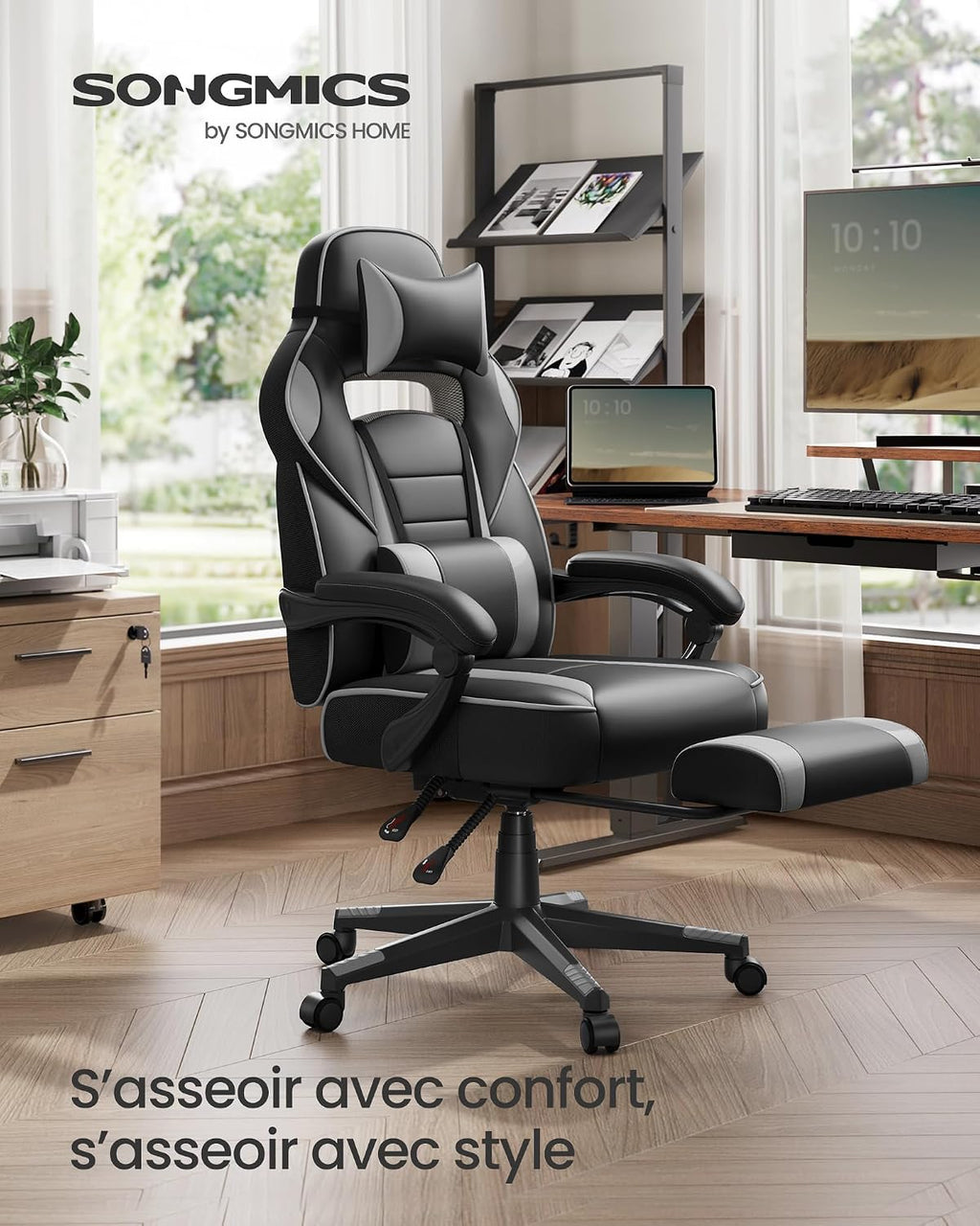 SONGMICS Fauteuil de Bureau Gaming OBG073B03 – Ergonomique, Repose-pieds, Appui-tête, 150 kg