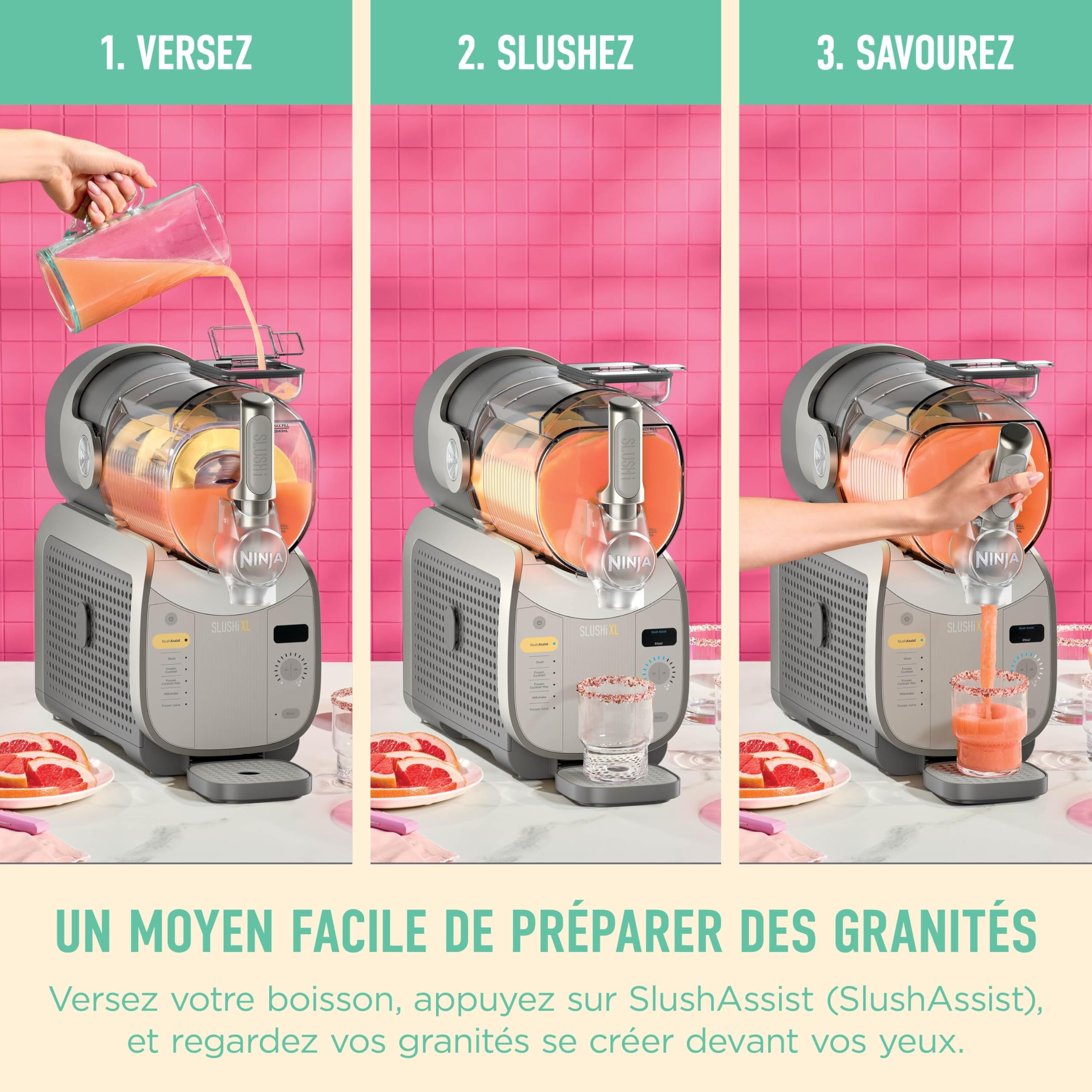 Ninja SLUSHi Machine à boissons glacées, granités, cocktails, frappés, milkshakes et jus glacés, vu sur TikTok, sans glace ni préparation requises, capacité 1,9 l, bleu et gris FS301EU