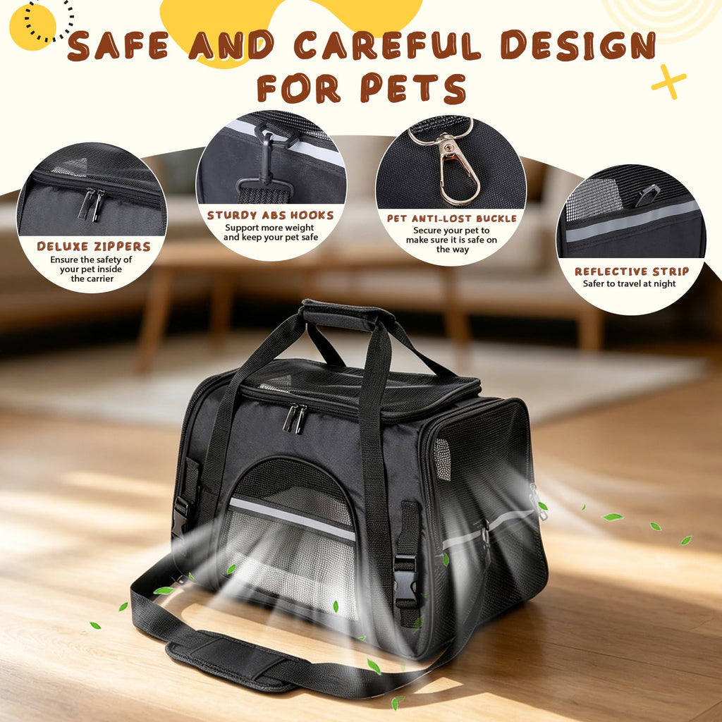 Romon Sac Transport Chat, Caisse de Transport Chien Respirant et Pliable jusqu'à 6 kg, Transporteurs avec Matelas en Peluche, Boîte de Transport avec Bandoulière Réglable, 17.3x11x9.8 inch, Noir