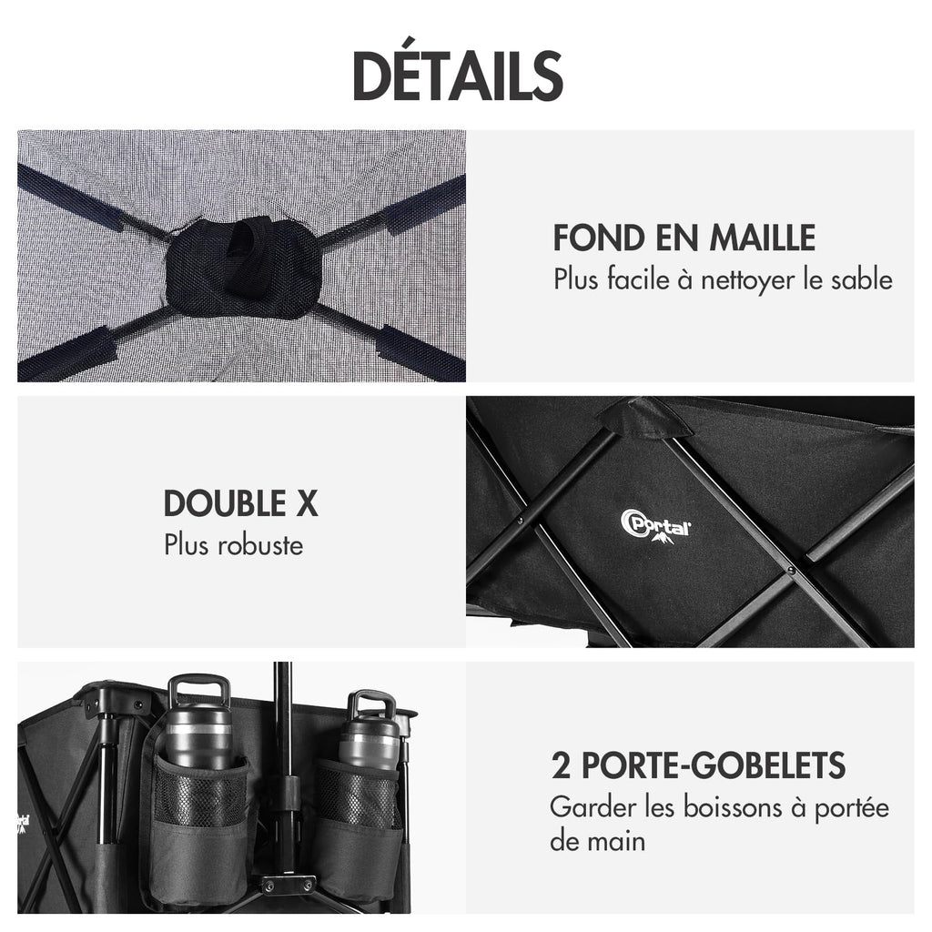 PORTAL Chariot de Plage Pliable – Chariot Tout Terrain Pliable avec Roues 20 cm, Poignée Réglable, 150 kg