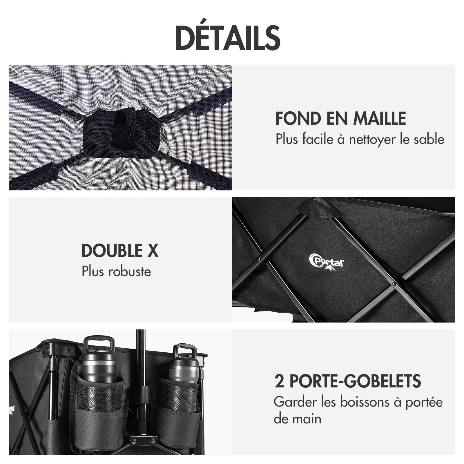 PORTAL Chariot de Plage Pliable – Chariot Tout Terrain Pliable avec Roues 20 cm, Poignée Réglable, 150 kg