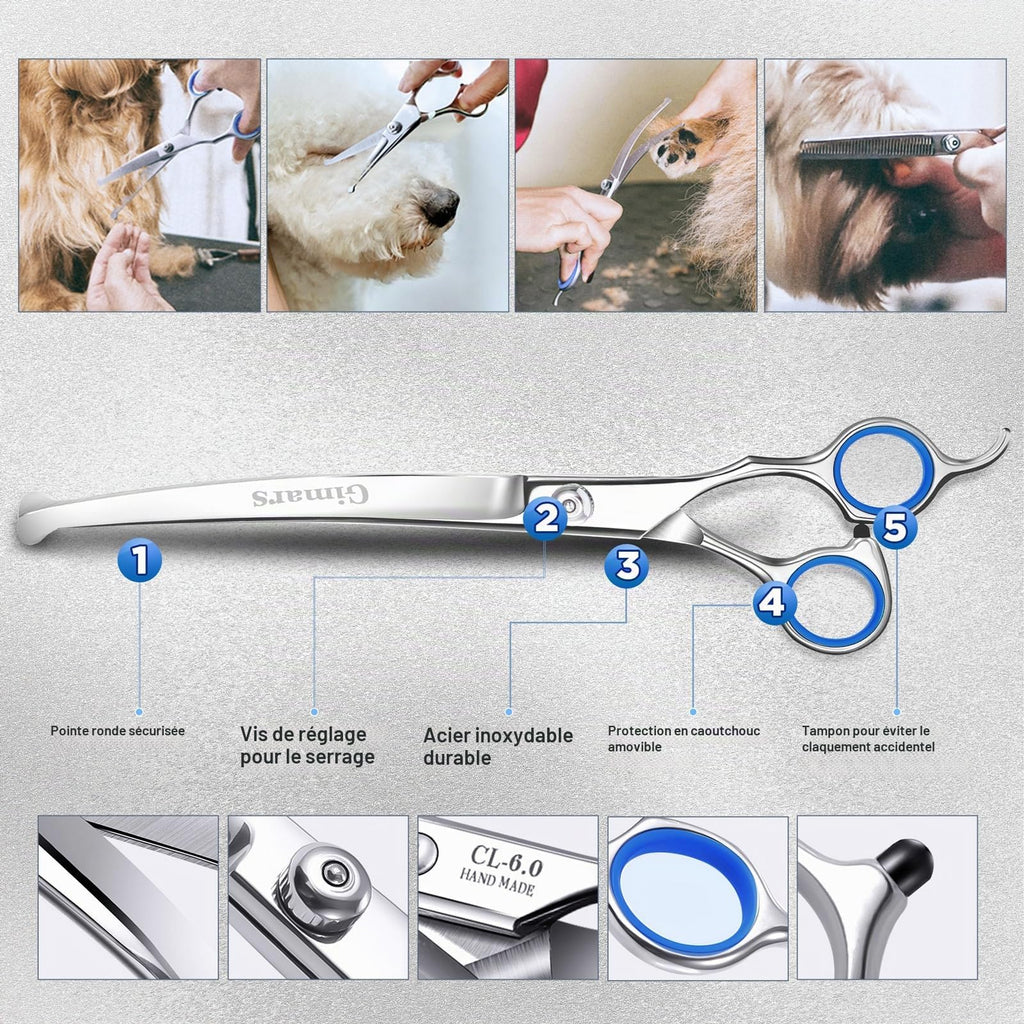 Gimars Ciseaux de toilettage professionnels pour chiens 4CR avec pointe ronde de sécurité, ciseaux droits, effilés et incurvés avec revêtement en titane