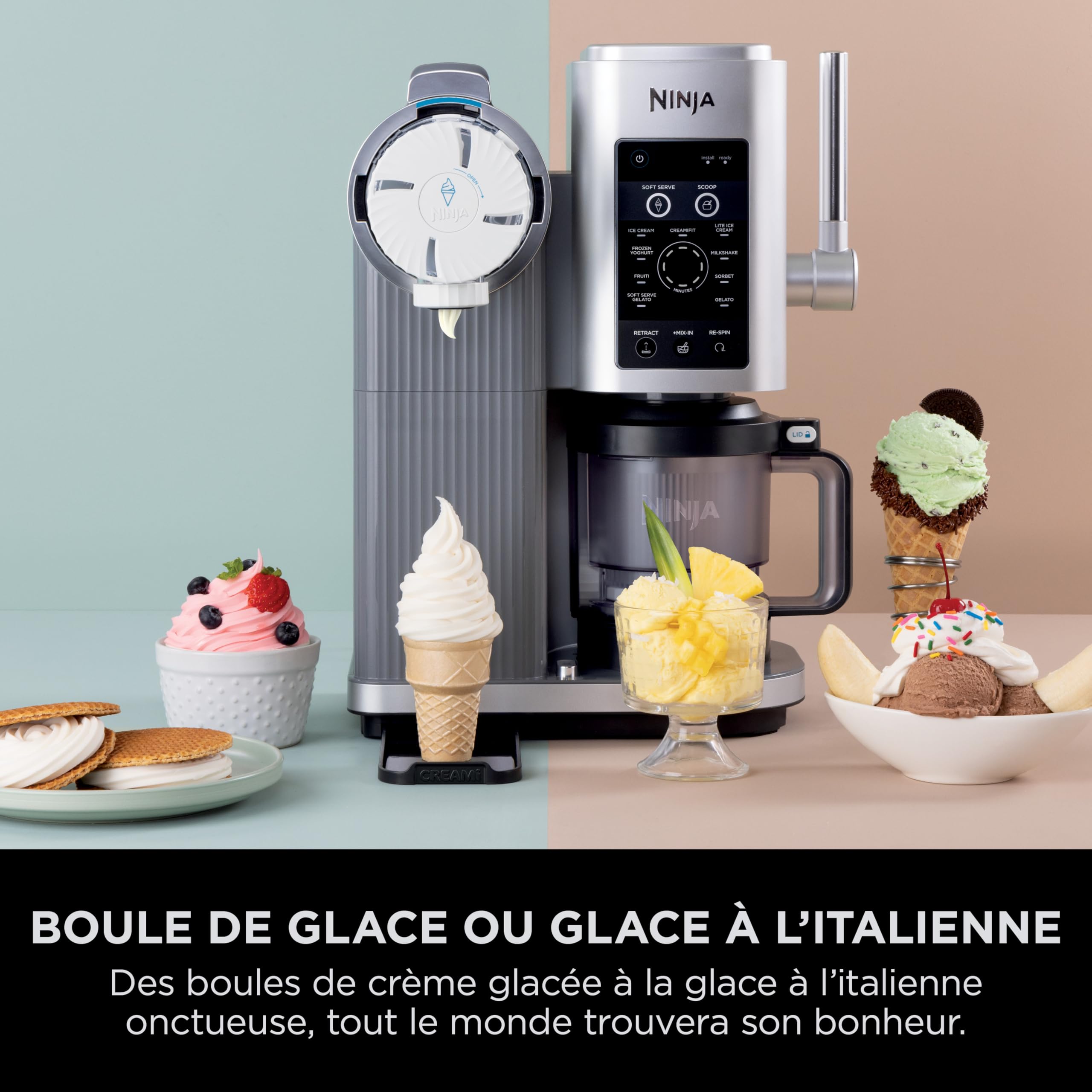 NINJA CREAMi Sorbetière Scoop and Swirl avec 2 pots, 13 modes pour réaliser crèmes glacées, glaces à l’italienne, gelatos, sorbets, milkshakes et plus, option Extra, Stone/Or NC701EUSTGD