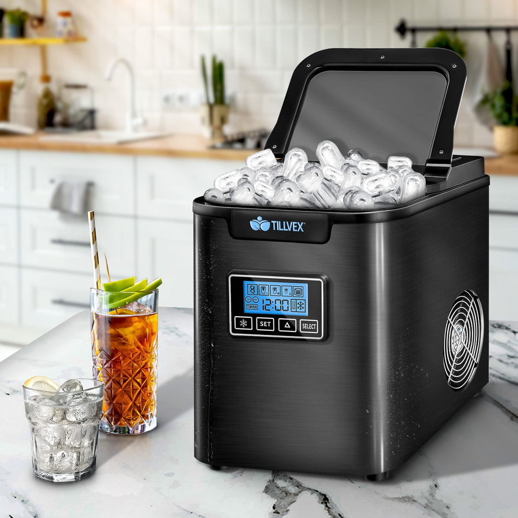 tillvex Machine à glaçons en inox 12 kg - 24 h | Préparation de glaçons avec minuterie et réservoir 2,2 litres | Ice Maker avec écran LED et nettoyage automatique | 3 tailles de glaçons (Argent)