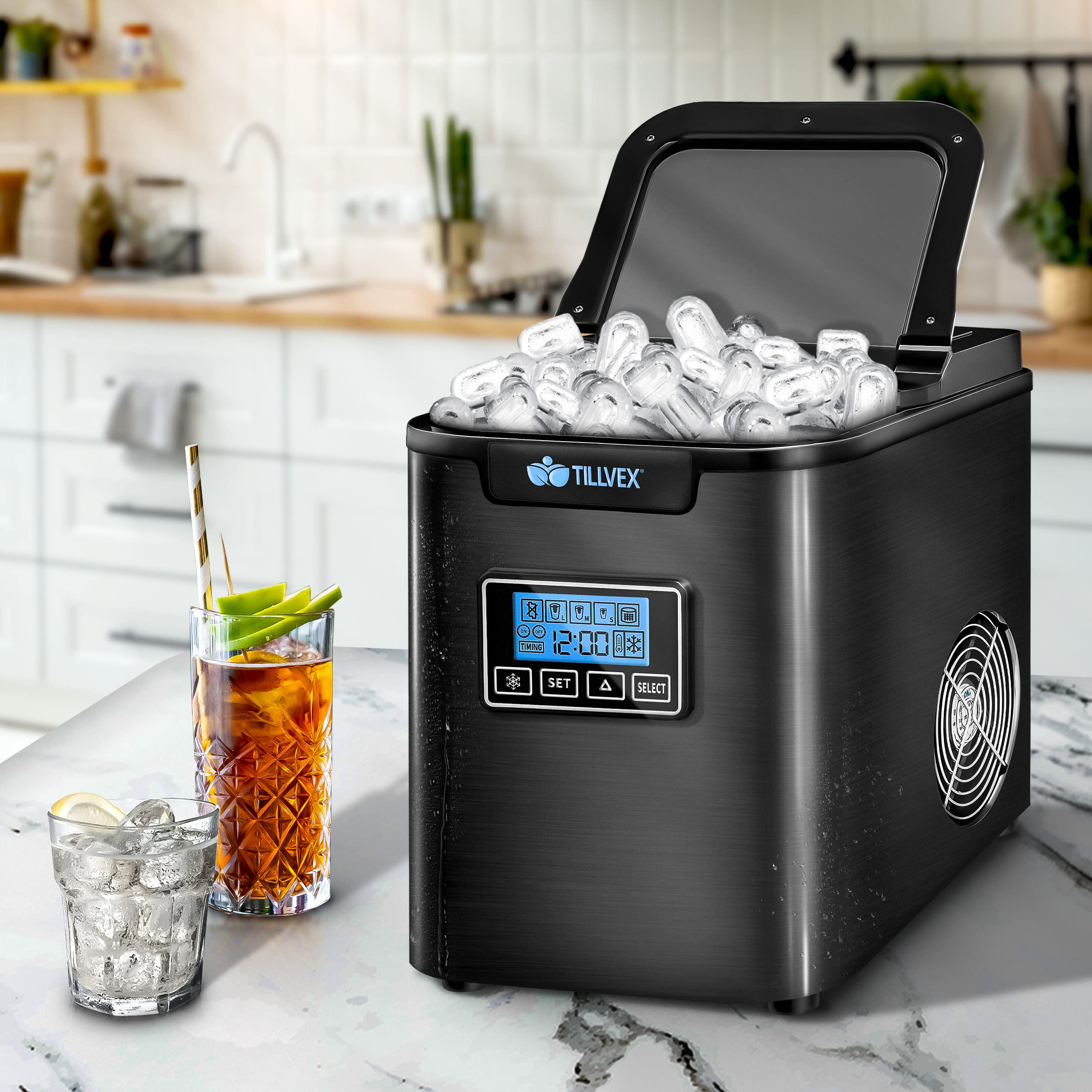 tillvex Machine à glaçons en inox 12 kg - 24 h | Préparation de glaçons avec minuterie et réservoir 2,2 litres | Ice Maker avec écran LED et nettoyage automatique | 3 tailles de glaçons (Argent)