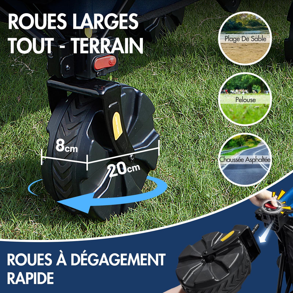 PORTAL Chariot de Plage Pliable – Chariot Tout Terrain Pliable avec Roues 20 cm, Poignée Réglable, 150 kg