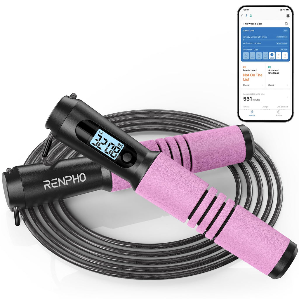 RENPHO Corde à Sauter Intelligente avec Compteur, Corde à Sauter sans Fil Réglable, App Données d'Analyse, Corde a Sauter Fitness Homme Femmes Enfants, Crossfit Équipement d'Entraînement