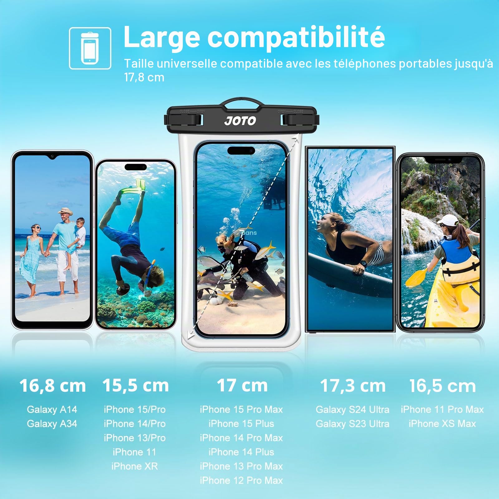 JOTO Pochette Étanche Smartphone IPX8 – Lot de 2, Compatible iPhone 17 à 11, Samsung Galaxy, Redmi, jusqu'à 7 Pouces