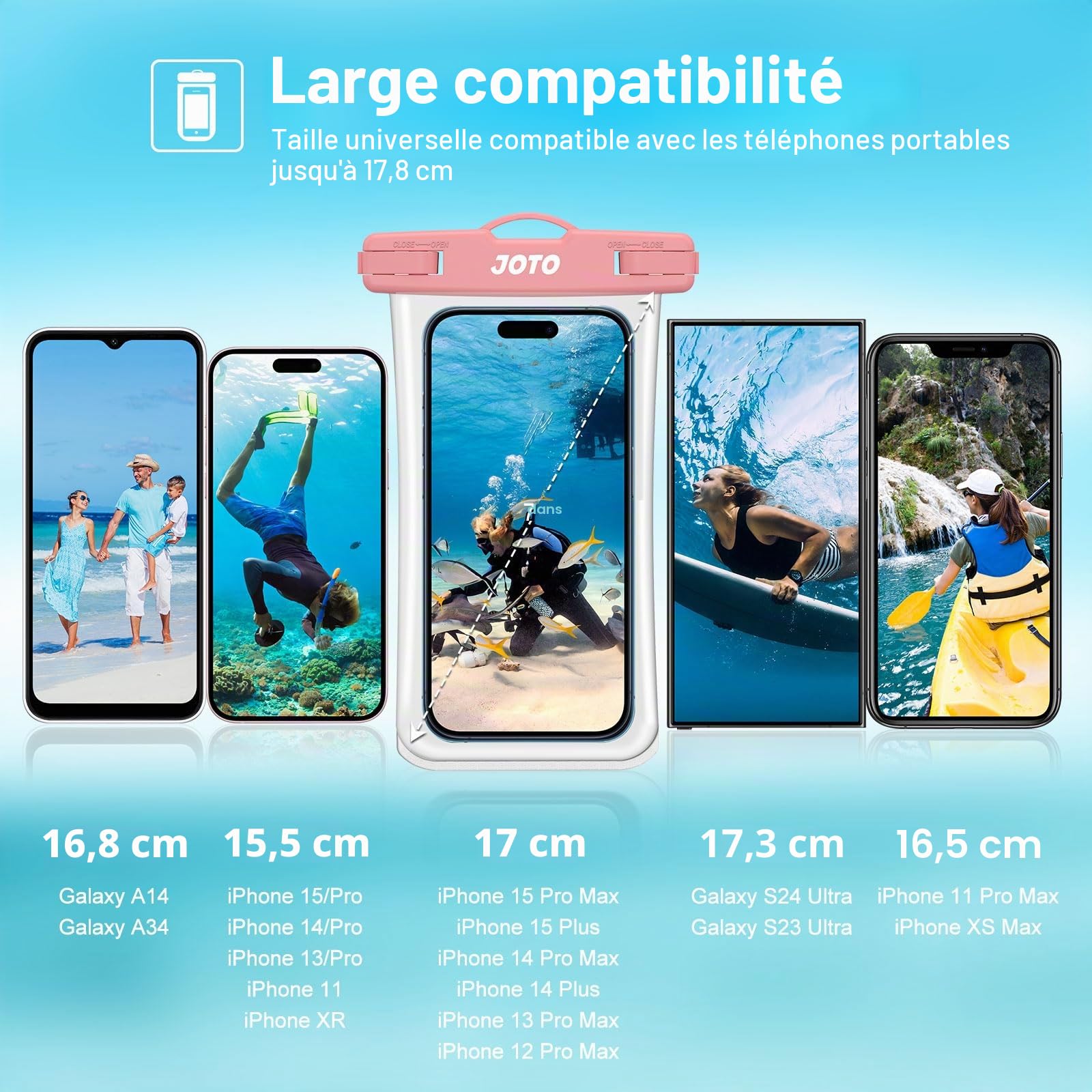 JOTO Pochette Étanche Smartphone IPX8 – Lot de 2, Compatible iPhone 17 à 11, Samsung Galaxy, Redmi, jusqu'à 7 Pouces