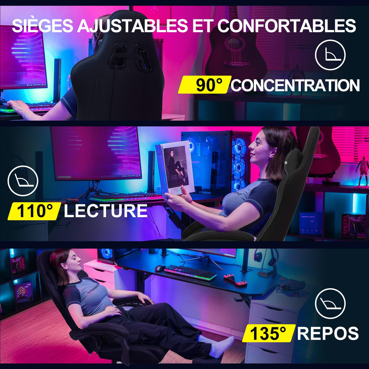 GTPLAYER Chaise Gaming Ergonomique, Fauteuil Gamer, Chaise Bureau, Dossier réglable à 135°, Hauteur Réglable, Repose-Pieds rétractables, Simili Cuir, Supporte 150 kg, Bleu