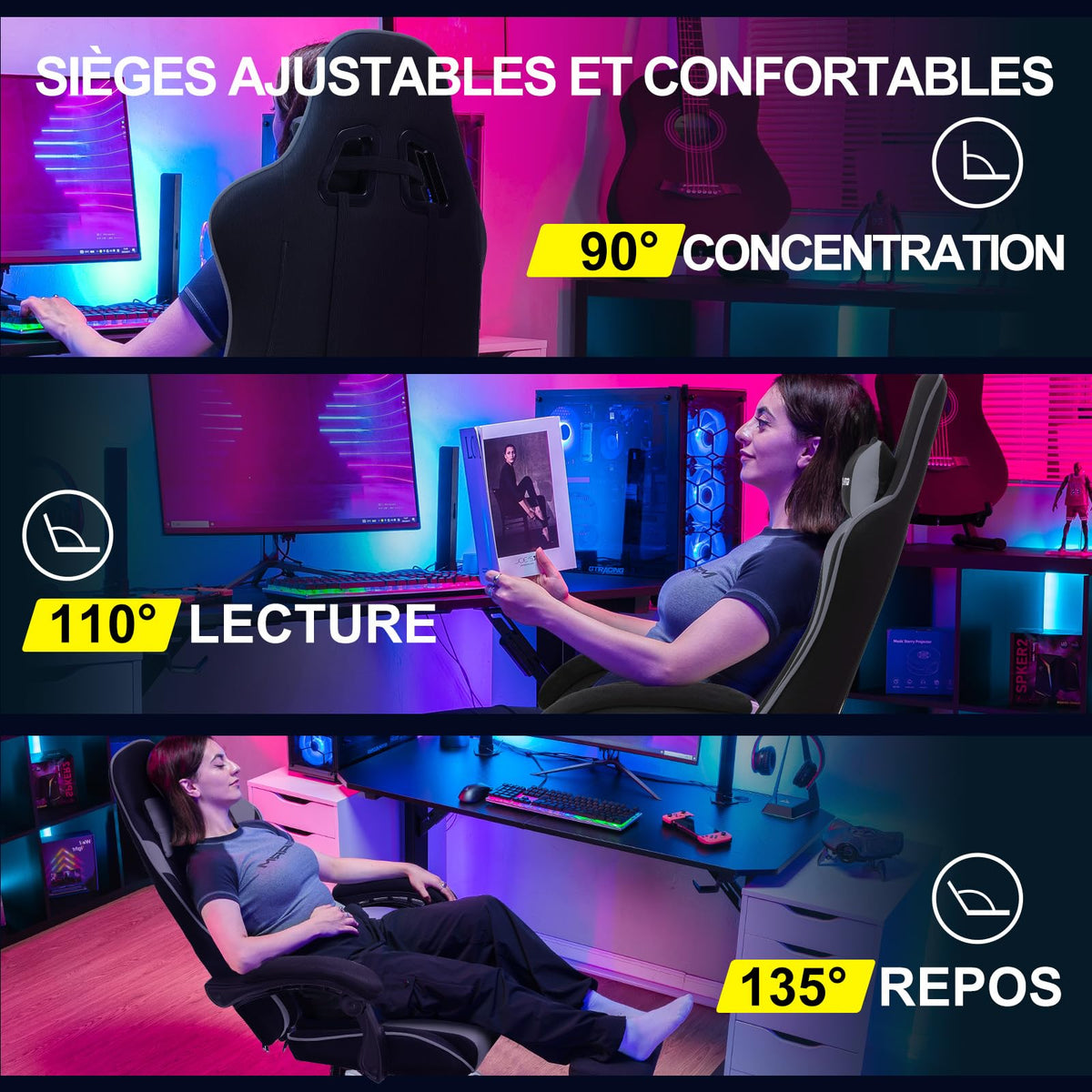 GTPLAYER Chaise Gaming Ergonomique, Fauteuil Gamer, Chaise Bureau, Dossier réglable à 135°, Hauteur Réglable, Repose-Pieds rétractables, Simili Cuir, Supporte 150 kg, Bleu