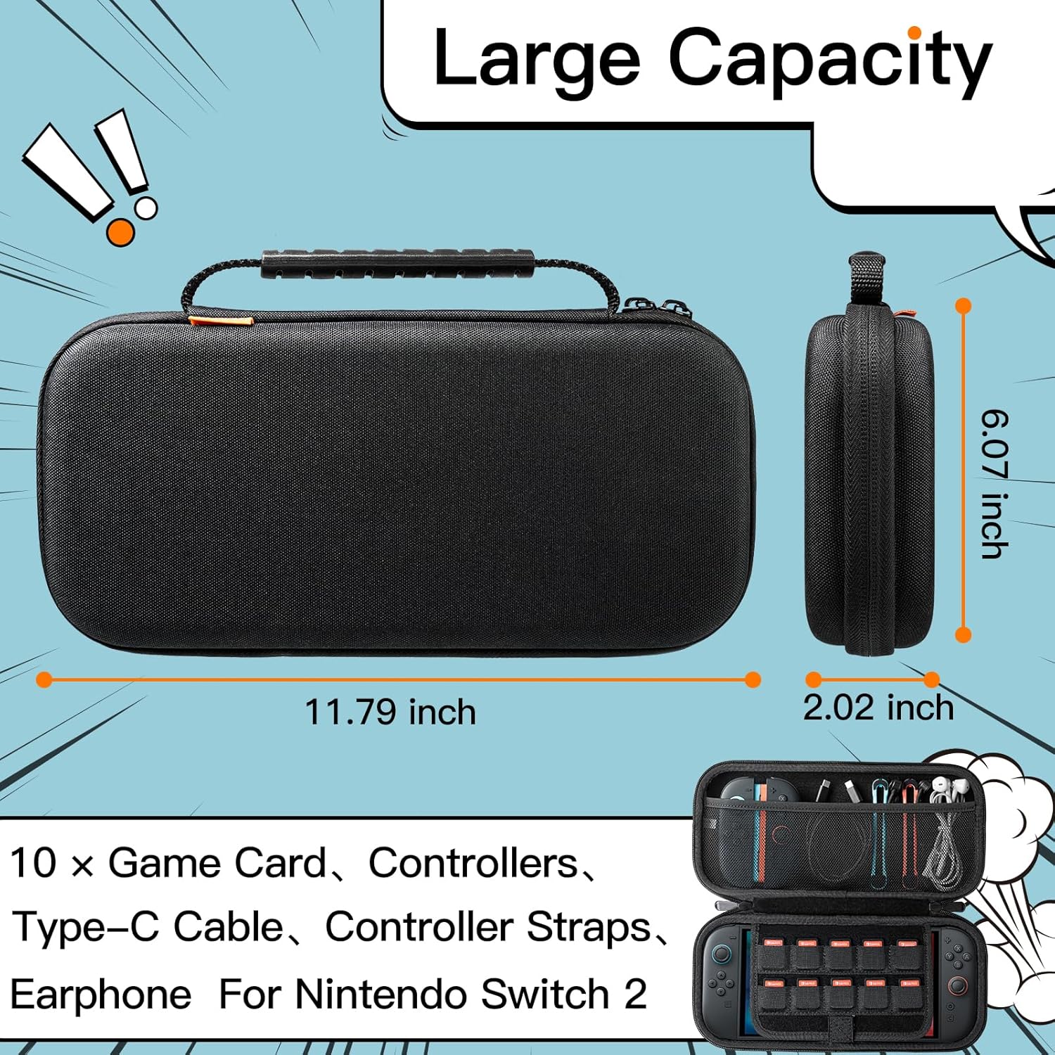 JETech Coque de Transport pour Nintendo Switch 2, Noir | Étui Rigide de Protection, 10 Emplacements pour Cartes de Jeu, Pochette pour Accessoires, Design de Voyage Léger
