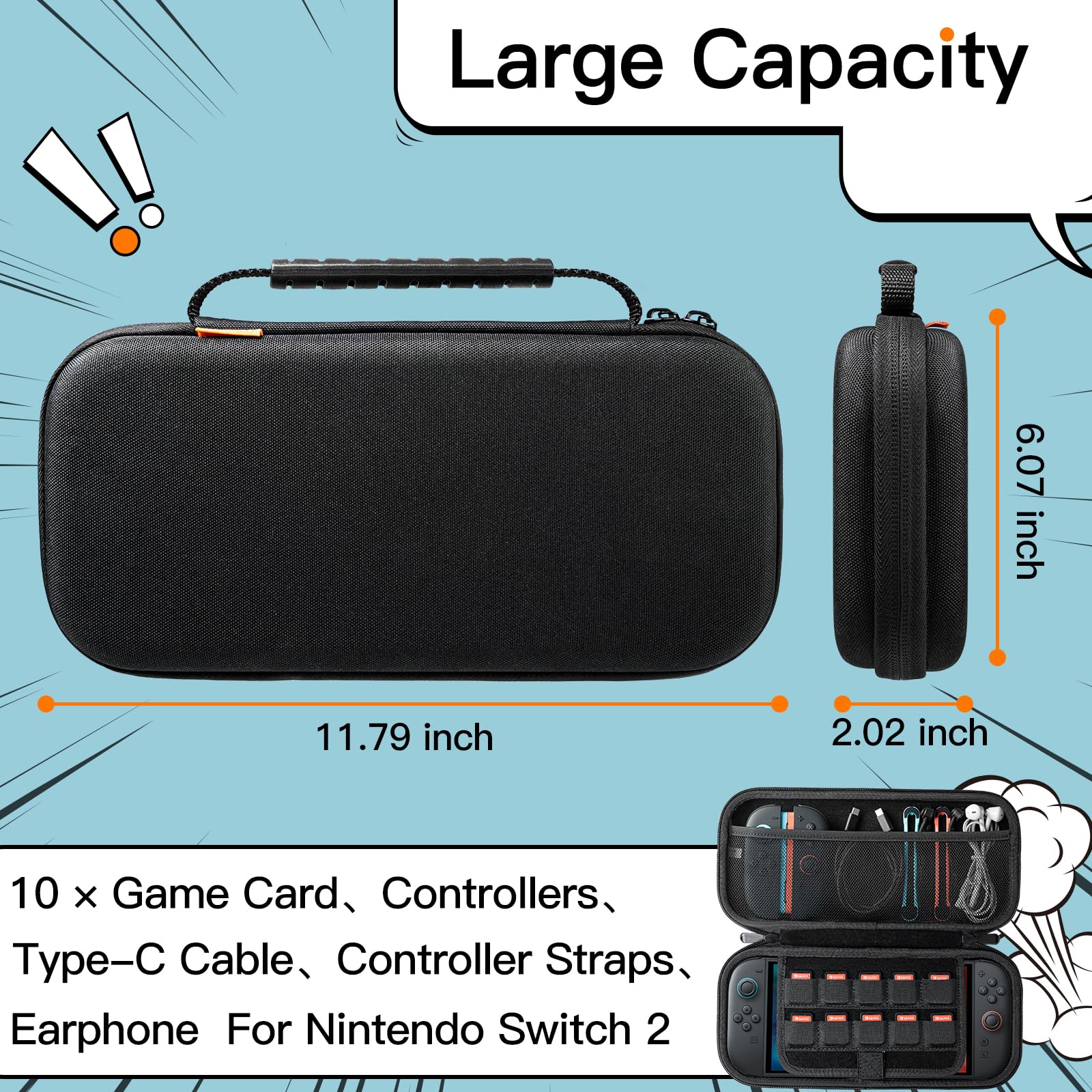 JETech Coque de Transport pour Nintendo Switch 2, Noir | Étui Rigide de Protection, 10 Emplacements pour Cartes de Jeu, Pochette pour Accessoires, Design de Voyage Léger