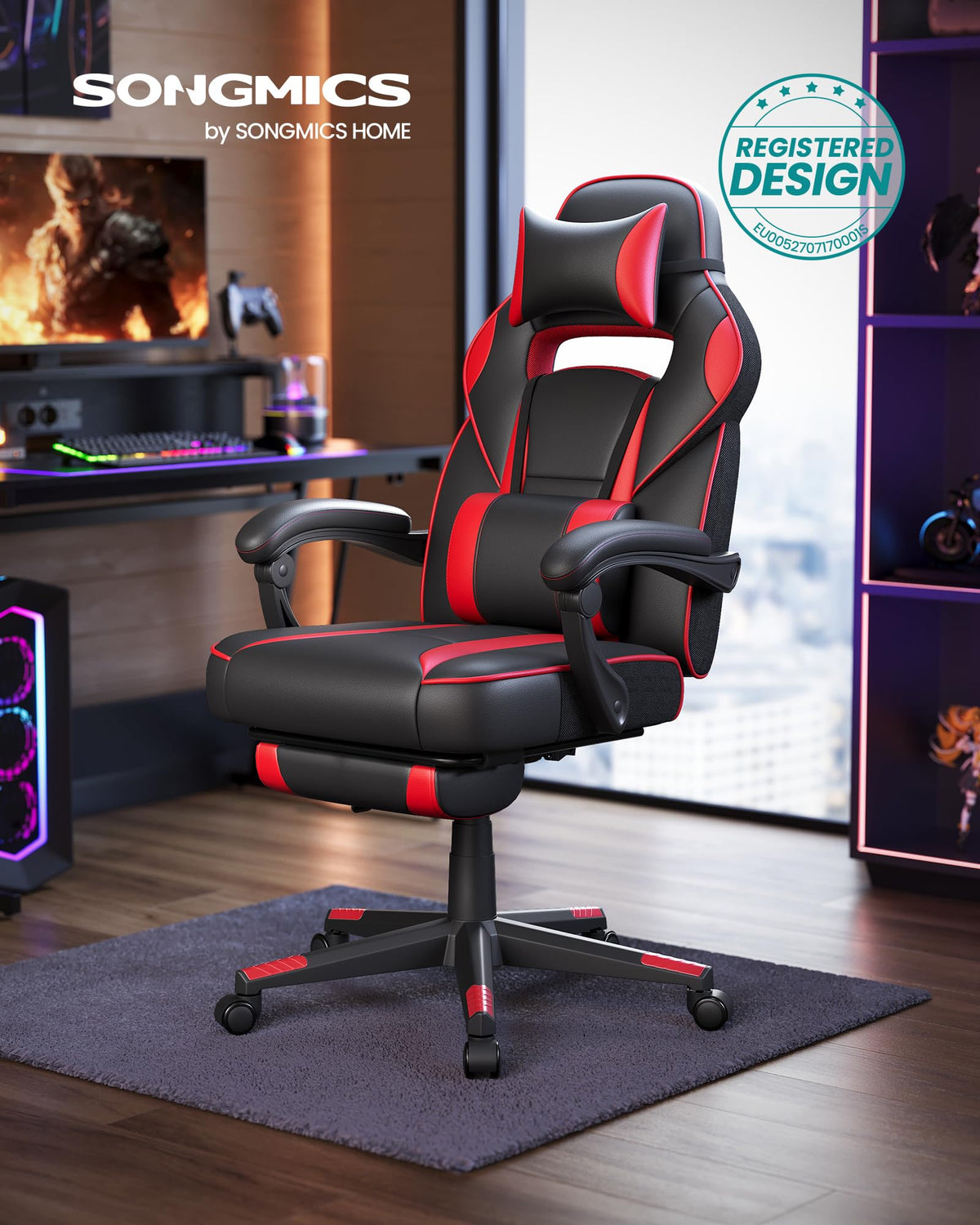 SONGMICS Fauteuil de Bureau Gaming OBG073B03 – Ergonomique, Repose-pieds, Appui-tête, 150 kg