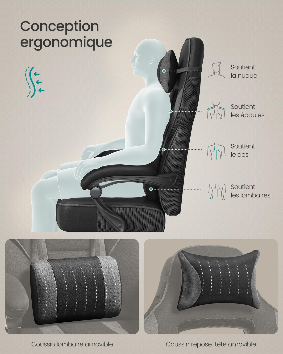 SONGMICS Fauteuil de Bureau Gaming OBG073B03 – Ergonomique, Repose-pieds, Appui-tête, 150 kg