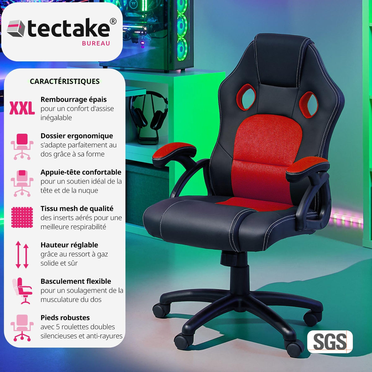 TecTake® Chaise de Bureau Fauteuil de Bureau Fauteuil pivotant Design Chaise Gaming, Siege Ergonomique, Fauteuil avec Accoudoirs, Rembourrage épais, Roulette, Hauteur réglable Teletravail