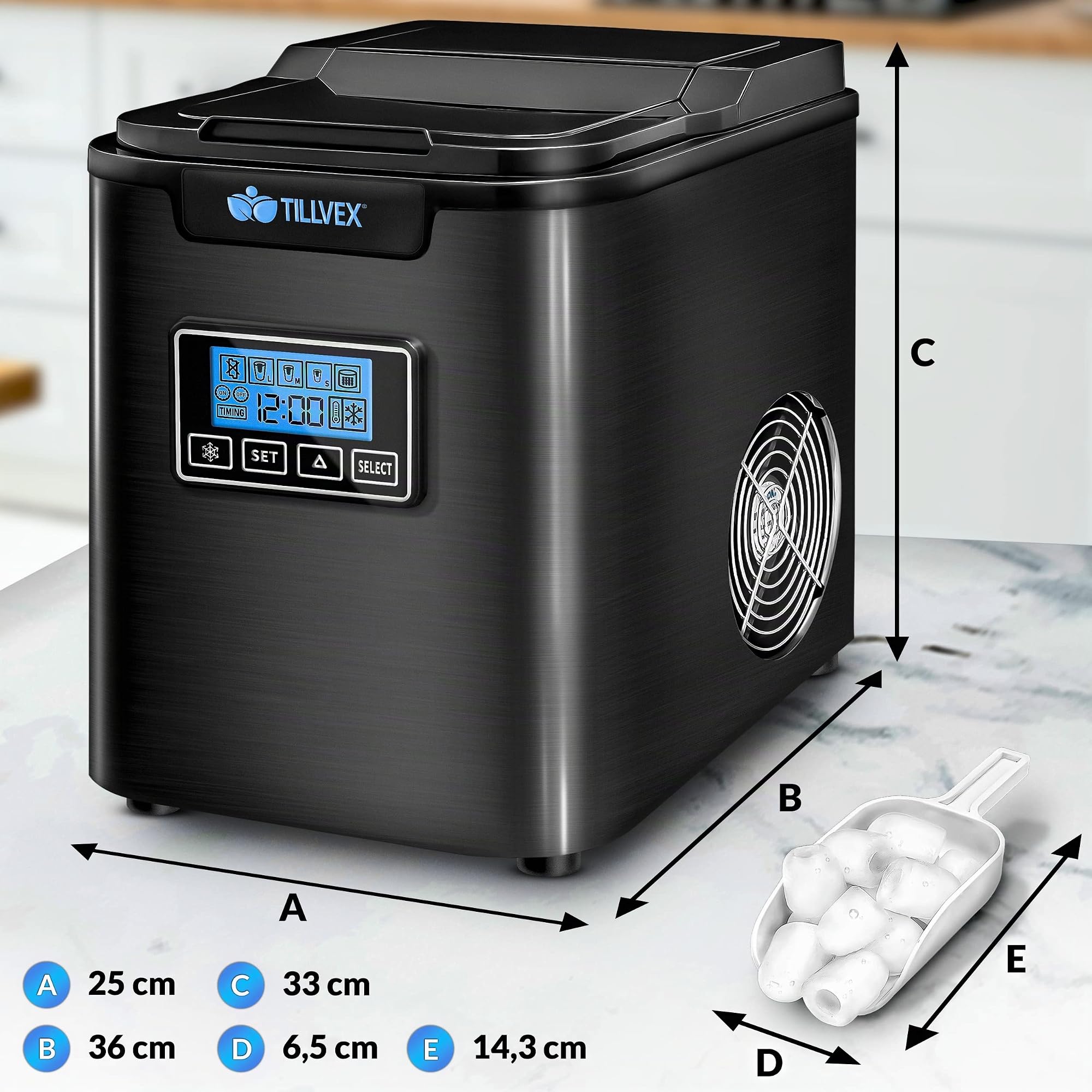 tillvex Machine à glaçons en inox 12 kg - 24 h | Préparation de glaçons avec minuterie et réservoir 2,2 litres | Ice Maker avec écran LED et nettoyage automatique | 3 tailles de glaçons (Argent)