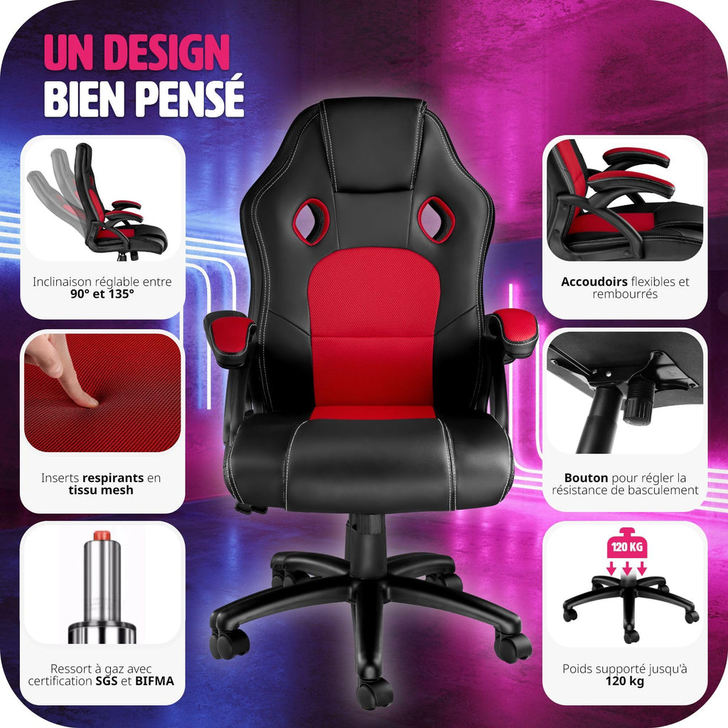 TecTake® Chaise de Bureau Fauteuil de Bureau Fauteuil pivotant Design Chaise Gaming, Siege Ergonomique, Fauteuil avec Accoudoirs, Rembourrage épais, Roulette, Hauteur réglable Teletravail