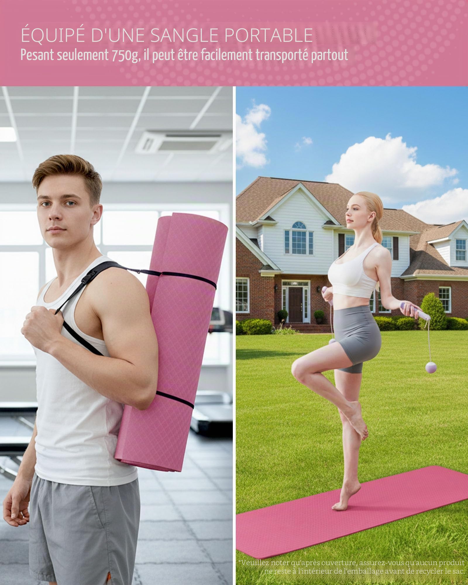 Good Nite Tapis de Yoga de Gymnastique de Exercice Fitness Tapis Fitness Antidérapant de Sport de Pilates avec Sangle de Transport 183 x 61 x 0,6 cm
