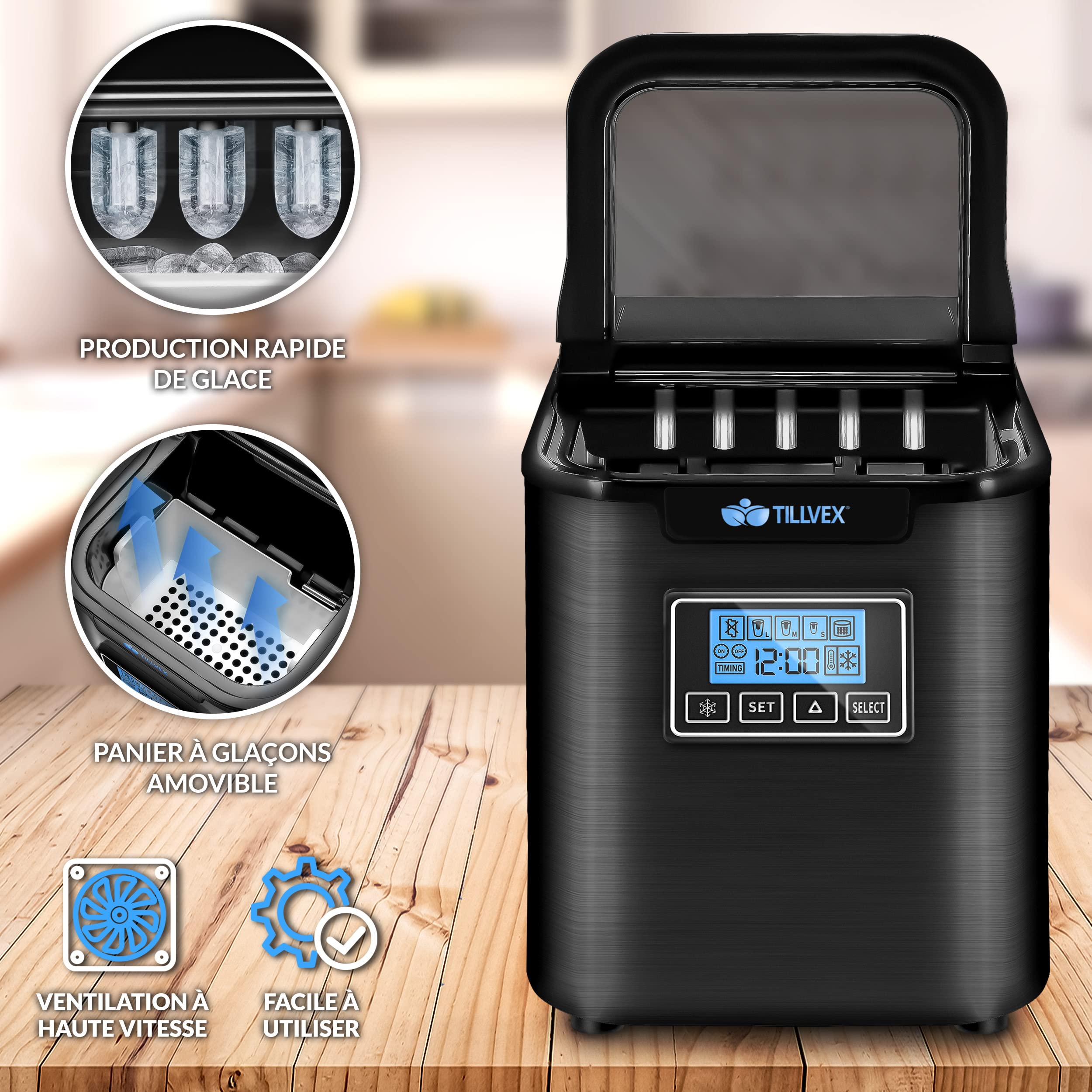 tillvex Machine à glaçons en inox 12 kg - 24 h | Préparation de glaçons avec minuterie et réservoir 2,2 litres | Ice Maker avec écran LED et nettoyage automatique | 3 tailles de glaçons (Argent)