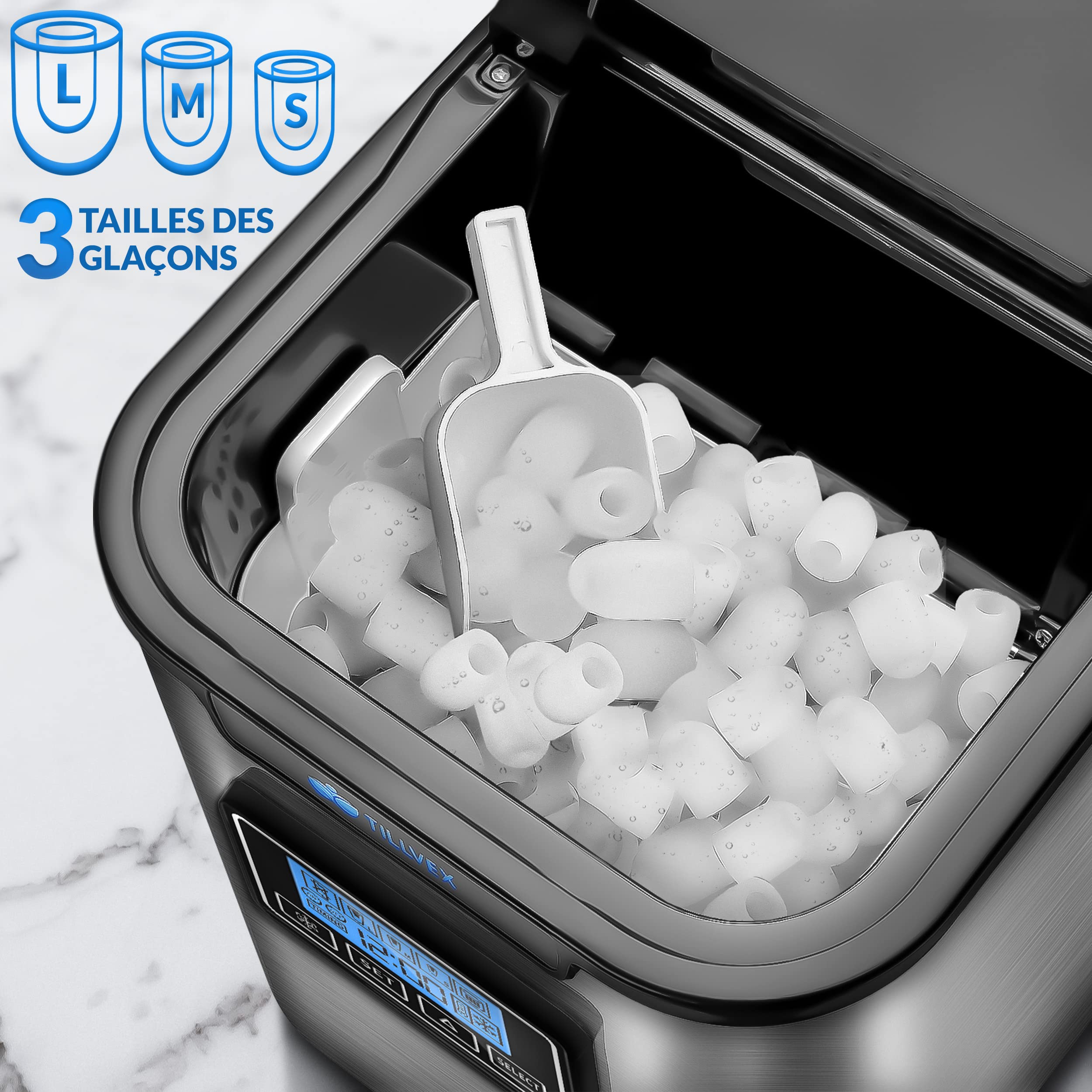 tillvex Machine à glaçons en inox 12 kg - 24 h | Préparation de glaçons avec minuterie et réservoir 2,2 litres | Ice Maker avec écran LED et nettoyage automatique | 3 tailles de glaçons (Argent)