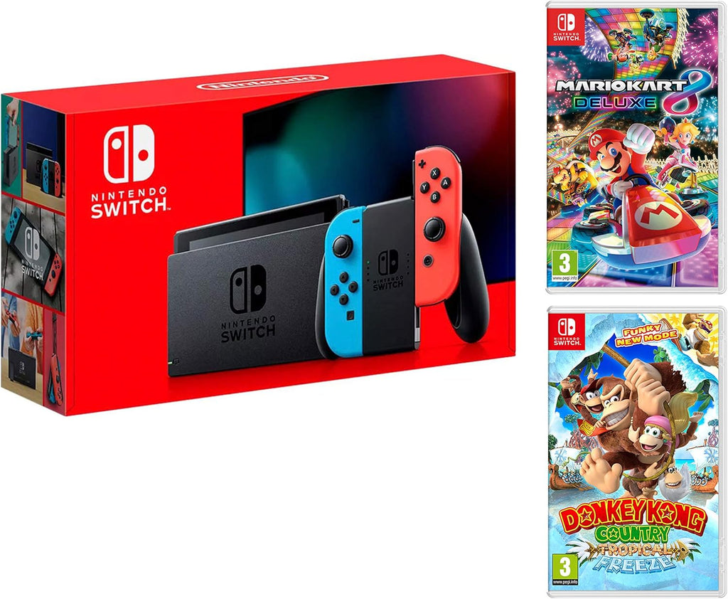 Nintendo Switch Rouge/Bleu Néon 32 Go – Pack Mario Kart 8 Deluxe + Donkey Kong Tropical Freeze