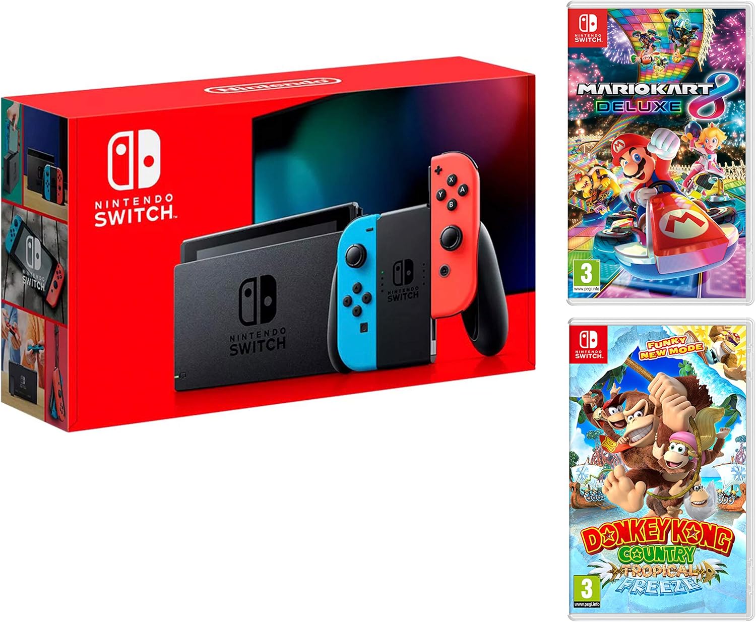 Nintendo Switch Rouge/Bleu Néon 32 Go – Pack Mario Kart 8 Deluxe + Donkey Kong Tropical Freeze