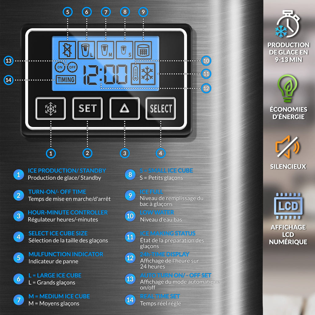 tillvex Machine à glaçons en inox 12 kg - 24 h | Préparation de glaçons avec minuterie et réservoir 2,2 litres | Ice Maker avec écran LED et nettoyage automatique | 3 tailles de glaçons (Argent)
