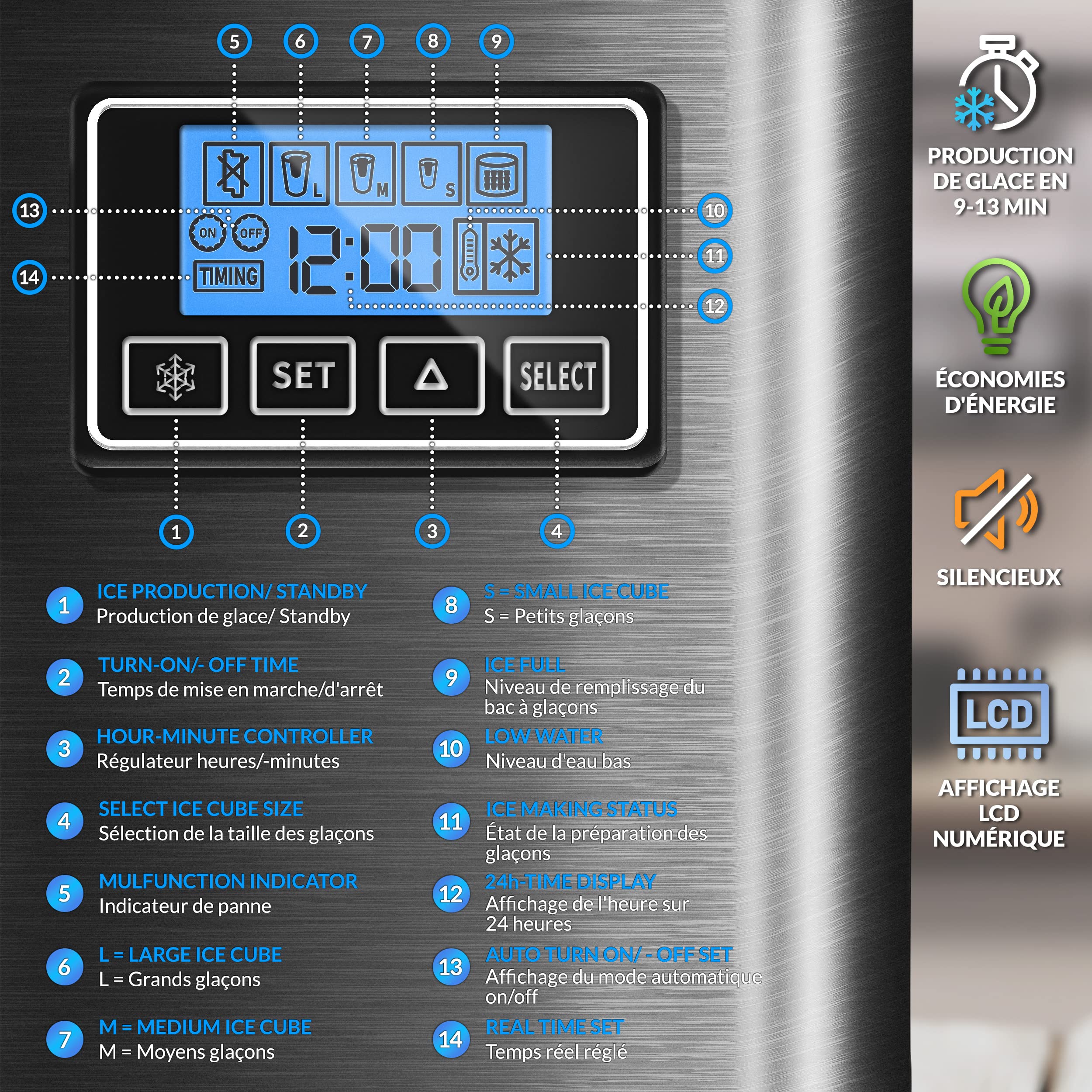 tillvex Machine à glaçons en inox 12 kg - 24 h | Préparation de glaçons avec minuterie et réservoir 2,2 litres | Ice Maker avec écran LED et nettoyage automatique | 3 tailles de glaçons (Argent)