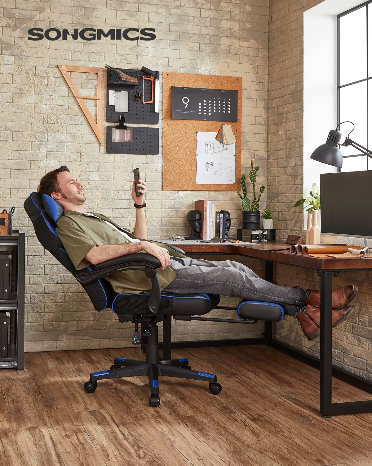 SONGMICS Fauteuil de Bureau Gaming OBG073B03 – Ergonomique, Repose-pieds, Appui-tête, 150 kg
