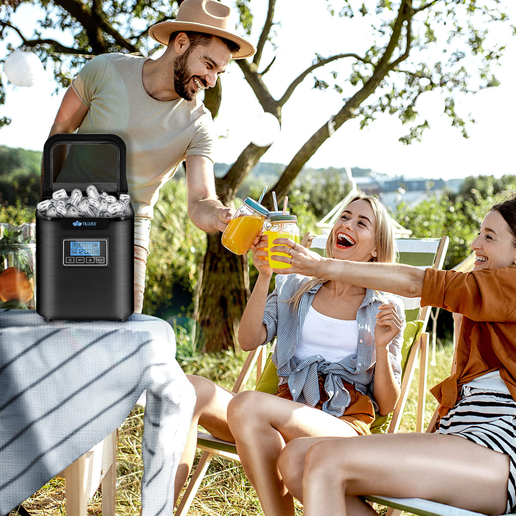 tillvex Machine à glaçons en inox 12 kg - 24 h | Préparation de glaçons avec minuterie et réservoir 2,2 litres | Ice Maker avec écran LED et nettoyage automatique | 3 tailles de glaçons (Argent)