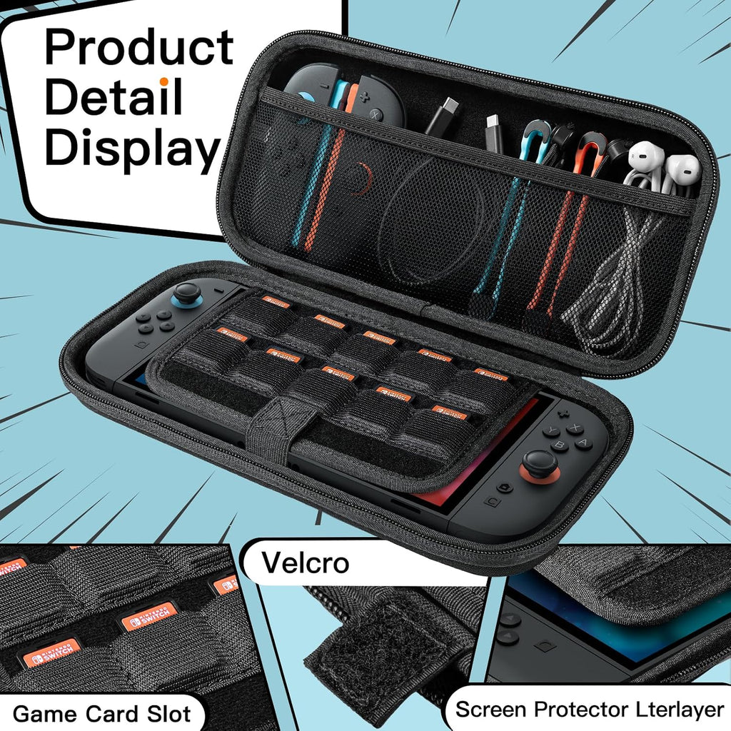 JETech Coque de Transport pour Nintendo Switch 2, Noir | Étui Rigide de Protection, 10 Emplacements pour Cartes de Jeu, Pochette pour Accessoires, Design de Voyage Léger