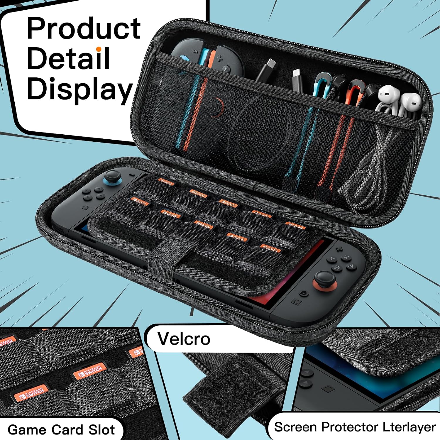 JETech Coque de Transport pour Nintendo Switch 2, Noir | Étui Rigide de Protection, 10 Emplacements pour Cartes de Jeu, Pochette pour Accessoires, Design de Voyage Léger