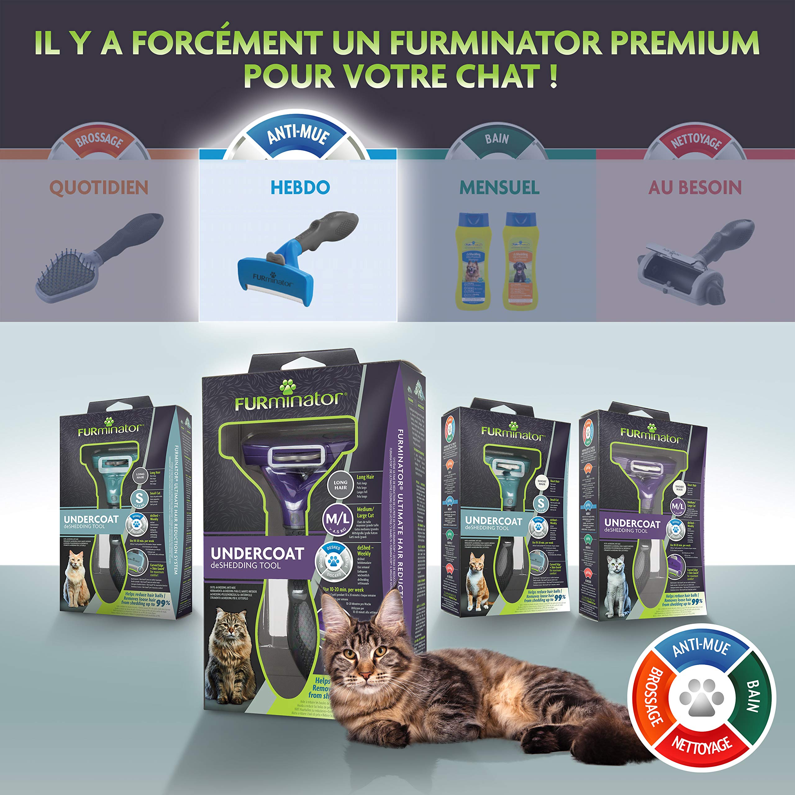 Brosse FURminator Chat Poils Longs Grande Taille – -90% Poils Morts | Sans Bisphénol A