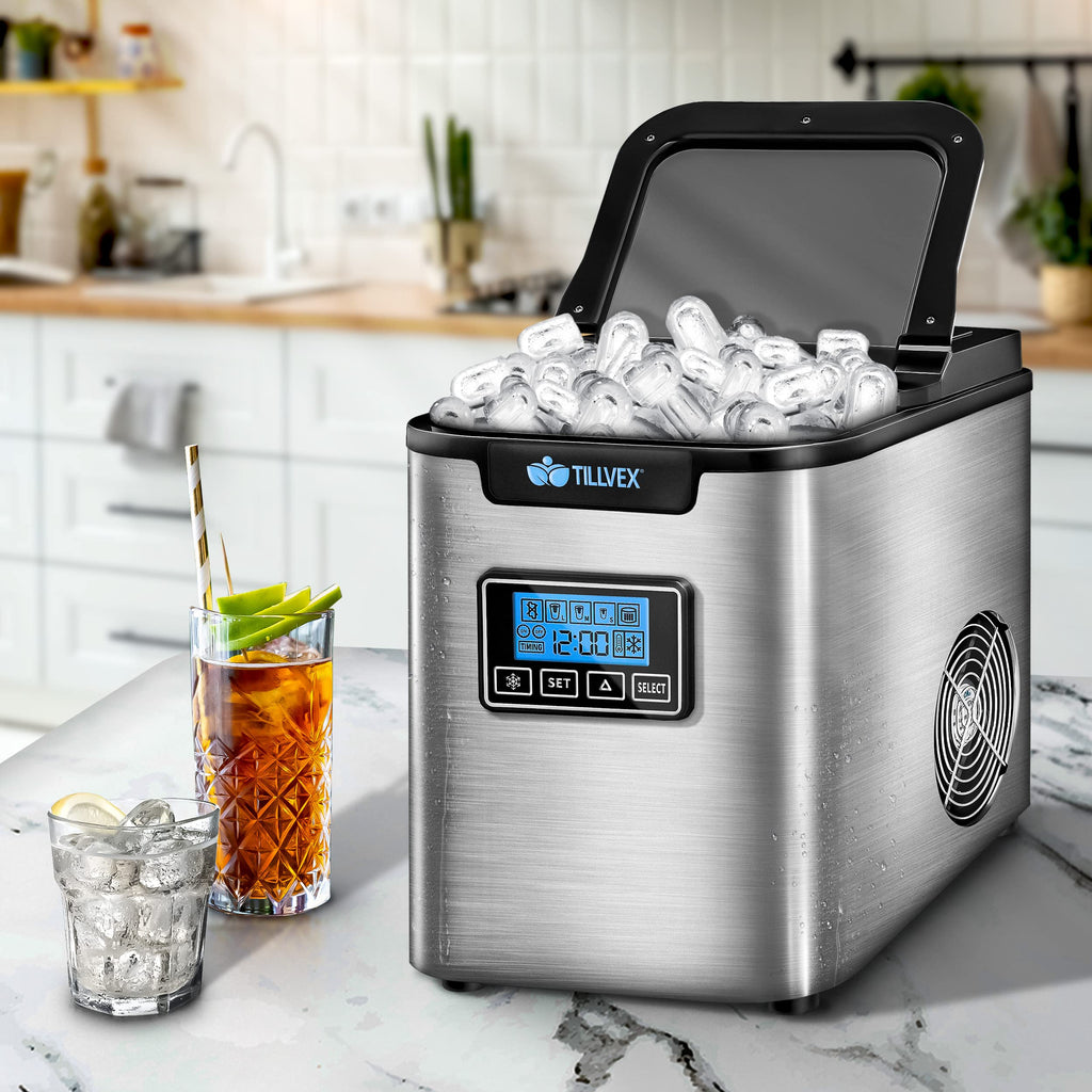 tillvex Machine à glaçons en inox 12 kg - 24 h | Préparation de glaçons avec minuterie et réservoir 2,2 litres | Ice Maker avec écran LED et nettoyage automatique | 3 tailles de glaçons (Argent)
