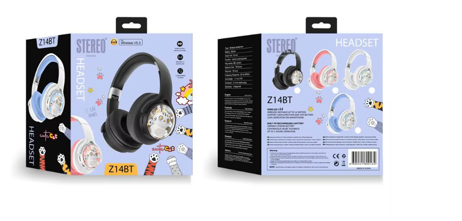 Casque Bluetooth Enfant Rose,Bleu & Blanc – Design Chat Mignon – Sans Fil – Confortable & Léger