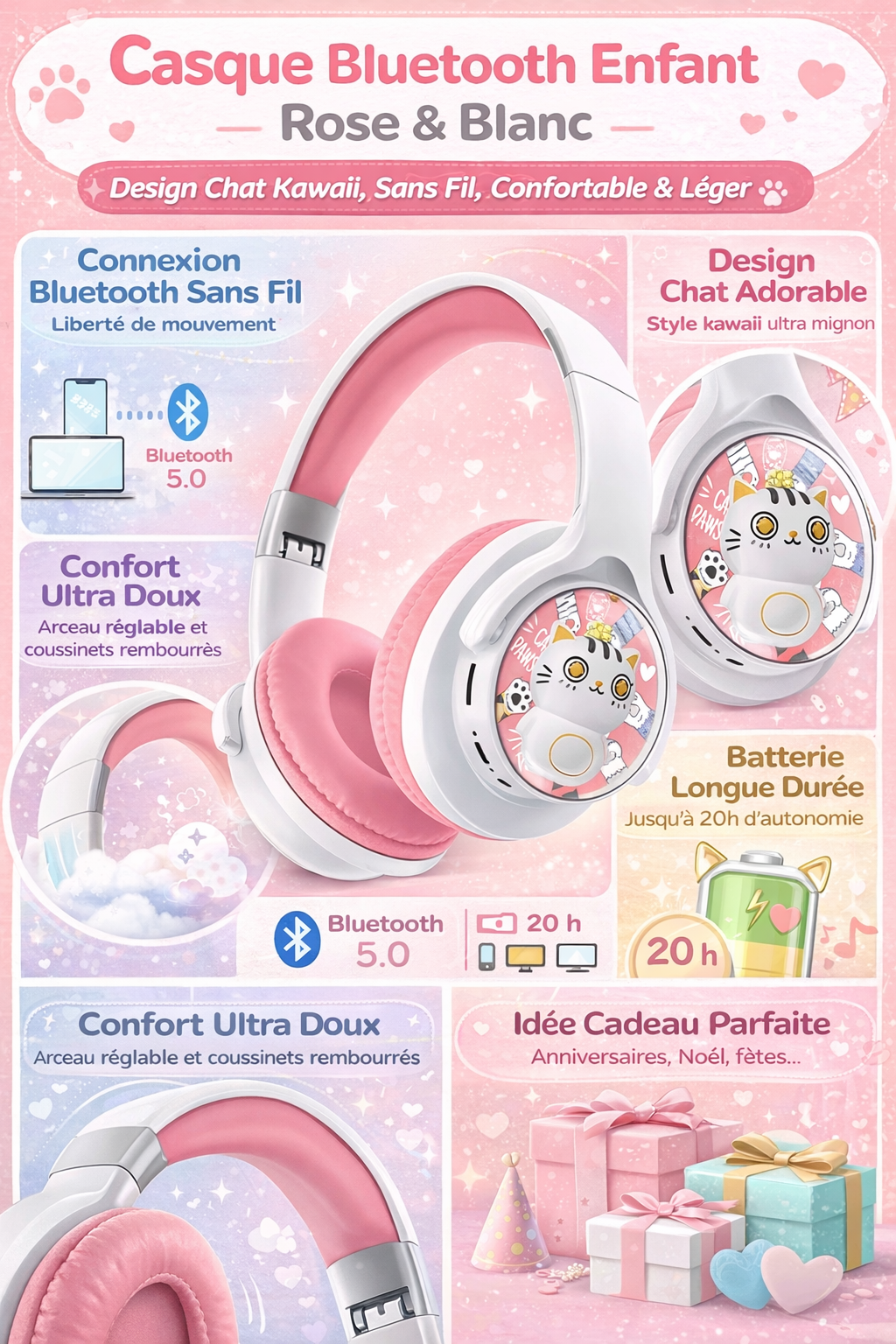 Casque Bluetooth Enfant Rose,Bleu & Blanc – Design Chat Mignon – Sans Fil – Confortable & Léger