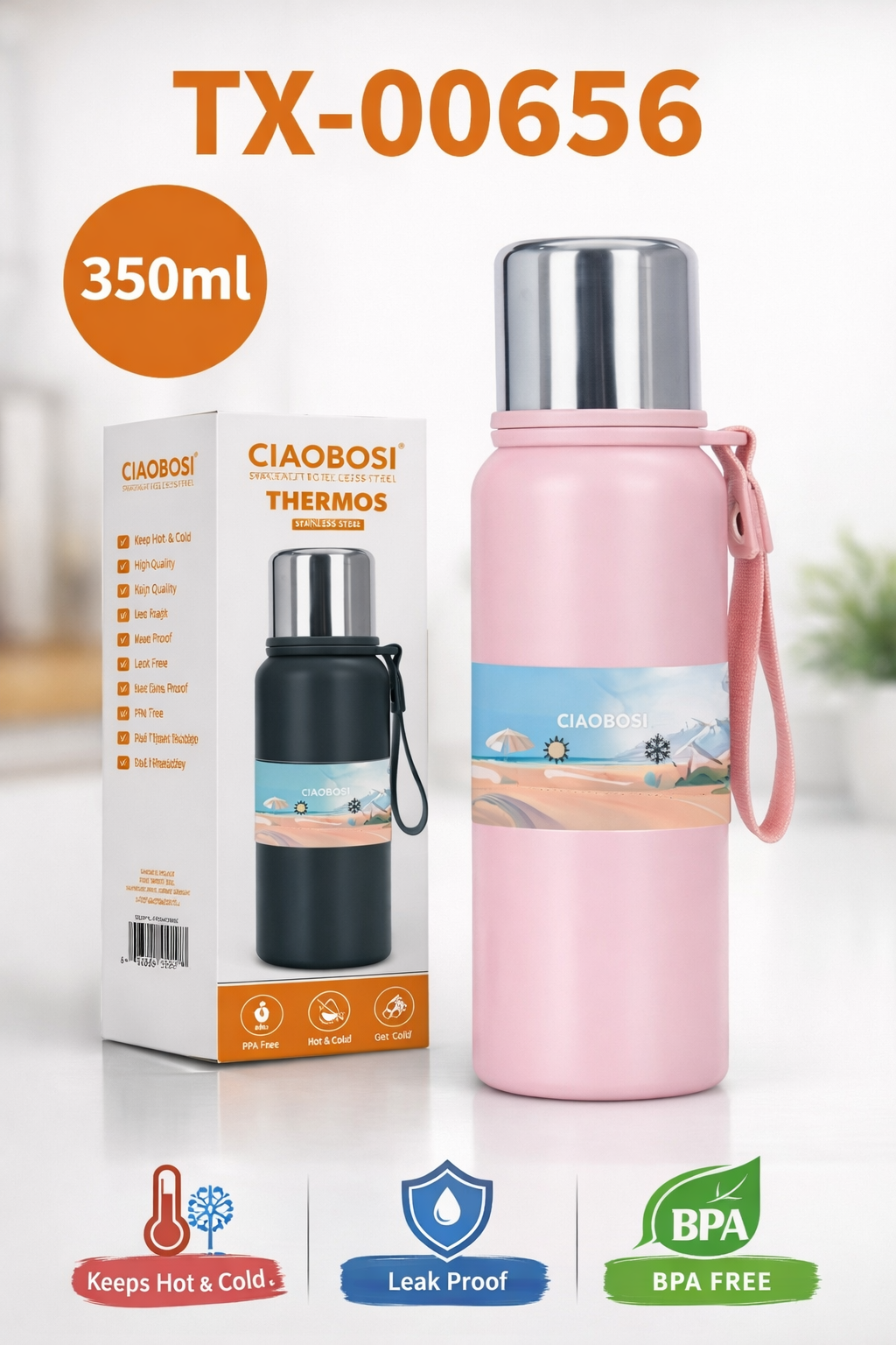 Bouteille Isotherme Inox 350 Ml Portable Poignée Thermos Voyage TX-00656