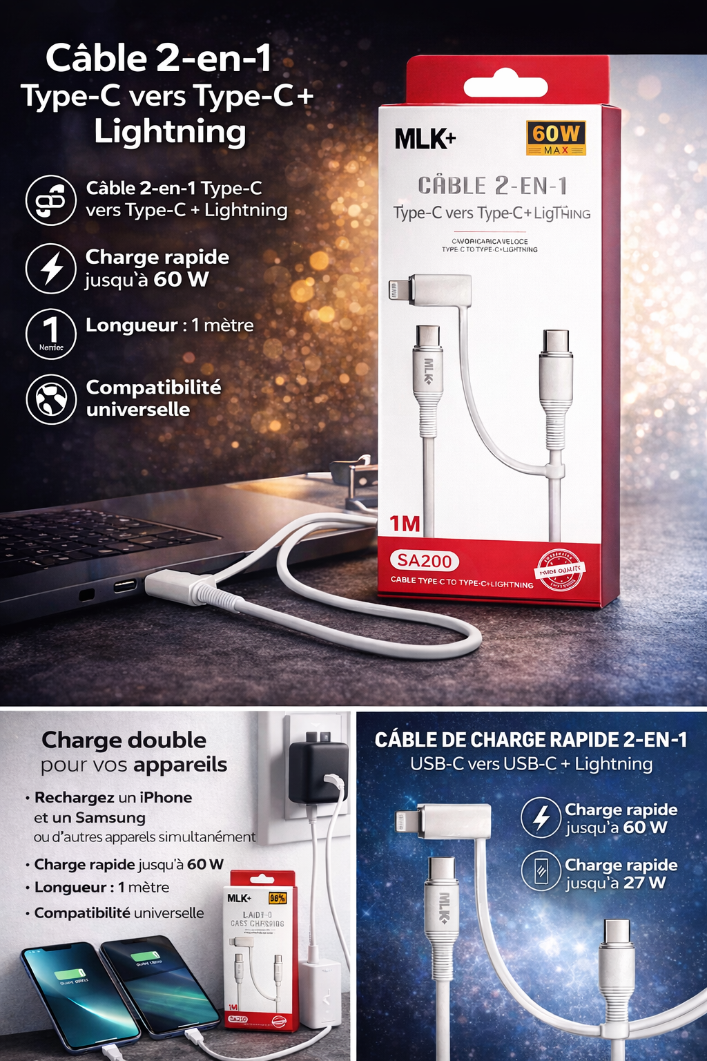 MLK+ Câble 2-en-1 USB-C vers USB-C + Lightning – Charge Rapide jusqu’à 60 W – Câble de Charge Double – 1 m – Compatible iPhone, Samsung, iPad, Power Delivery