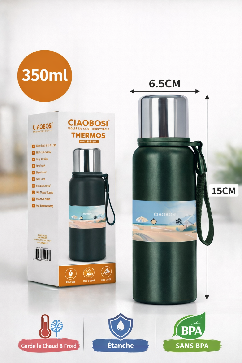 Bouteille Isotherme Inox 350 Ml Portable Poignée Thermos Voyage TX-00656