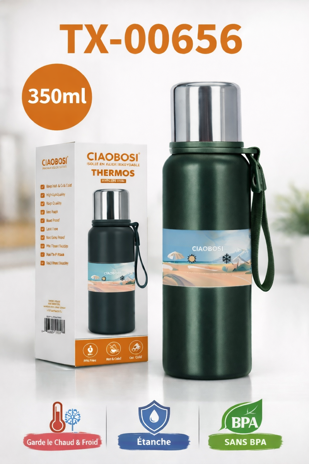 Bouteille Isotherme Inox 350 Ml Portable Poignée Thermos Voyage TX-00656