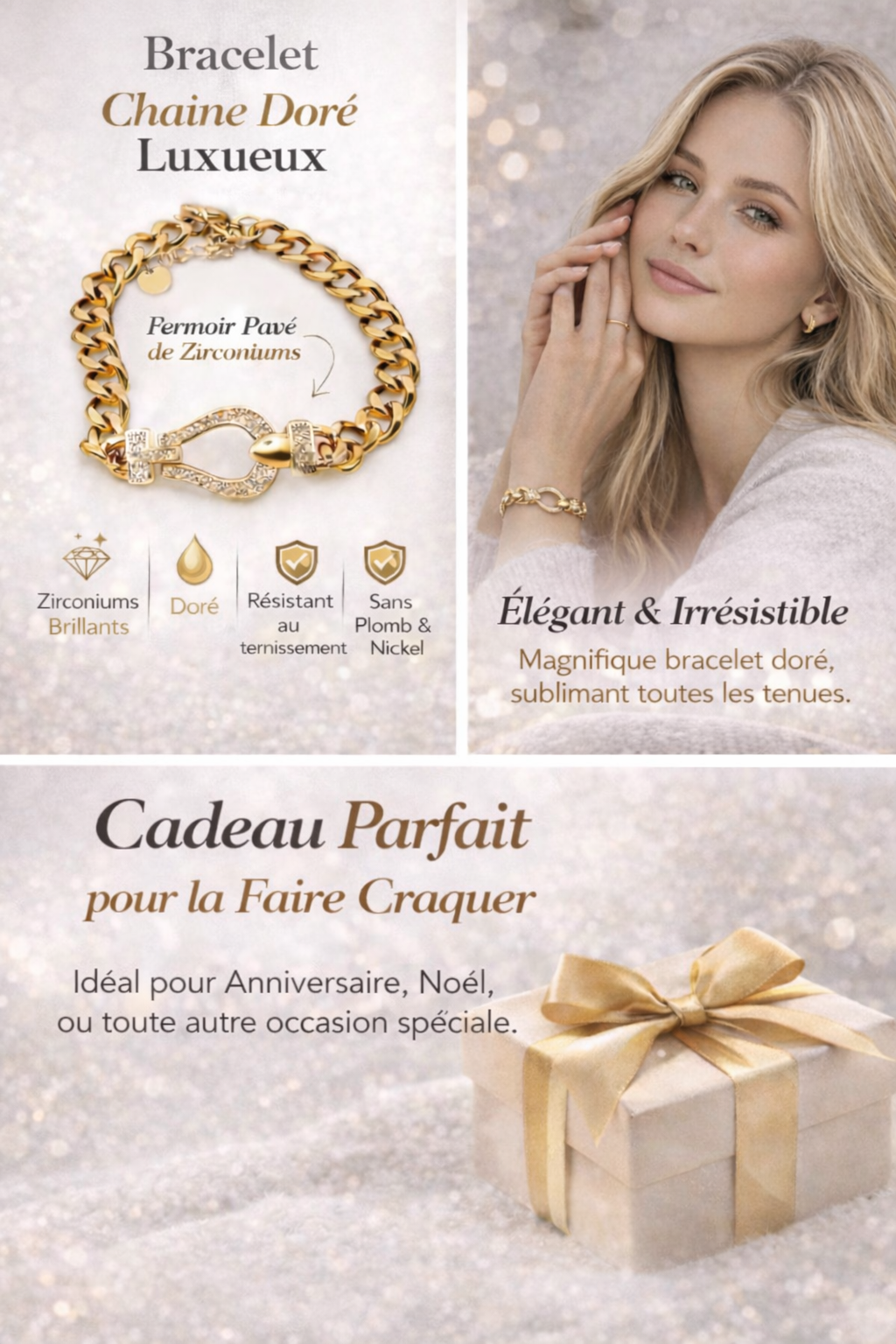 Bracelet Fantaisie Femme – Longueur Ajustable – Résistant au Ternissement – Bijou Élégant & Scintillant – Idée Cadeau