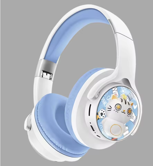 Casque Bluetooth Enfant Rose,Bleu & Blanc – Design Chat Mignon – Sans Fil – Confortable & Léger