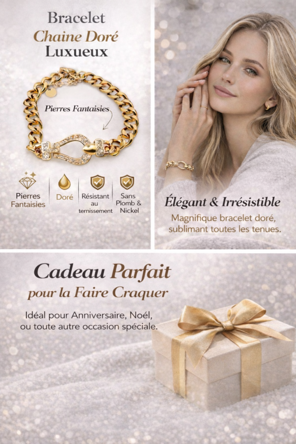 Bracelet Fantaisie Femme – Longueur Ajustable – Résistant au Ternissement – Bijou Élégant & Scintillant – Idée Cadeau