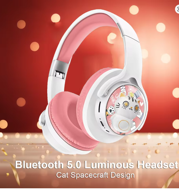 Casque Bluetooth Enfant Rose,Bleu & Blanc – Design Chat Mignon – Sans Fil – Confortable & Léger