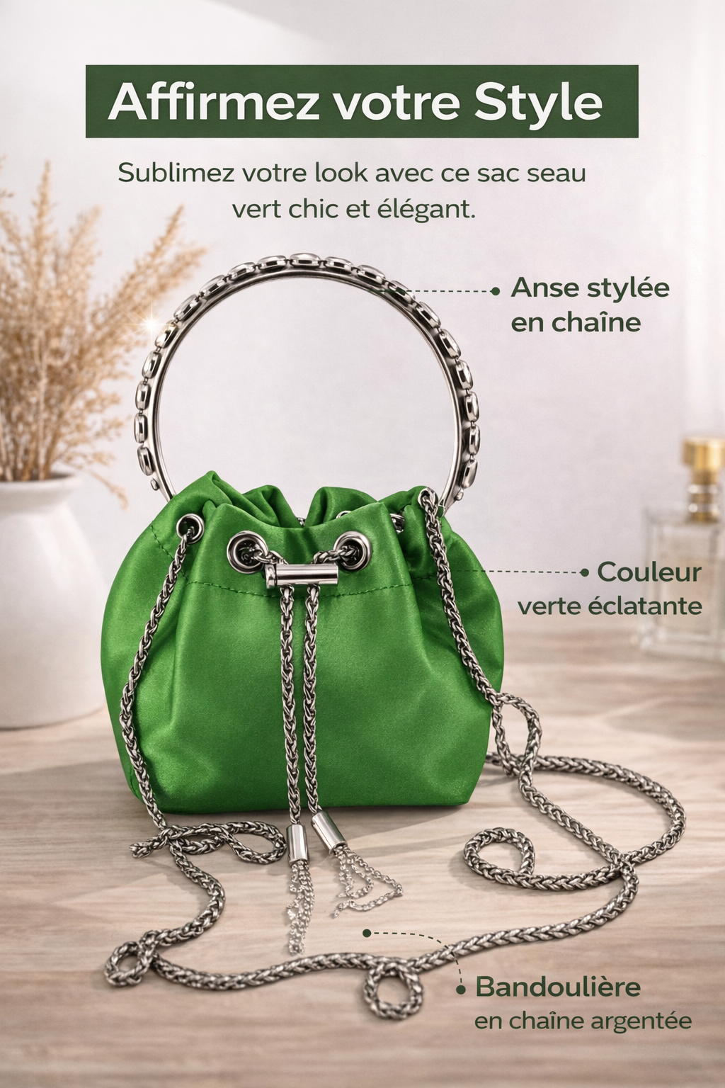 Sac Soirée Femme Vert Émeraude – Sac Bourse Élégant avec Chaîne et Poignée Strass